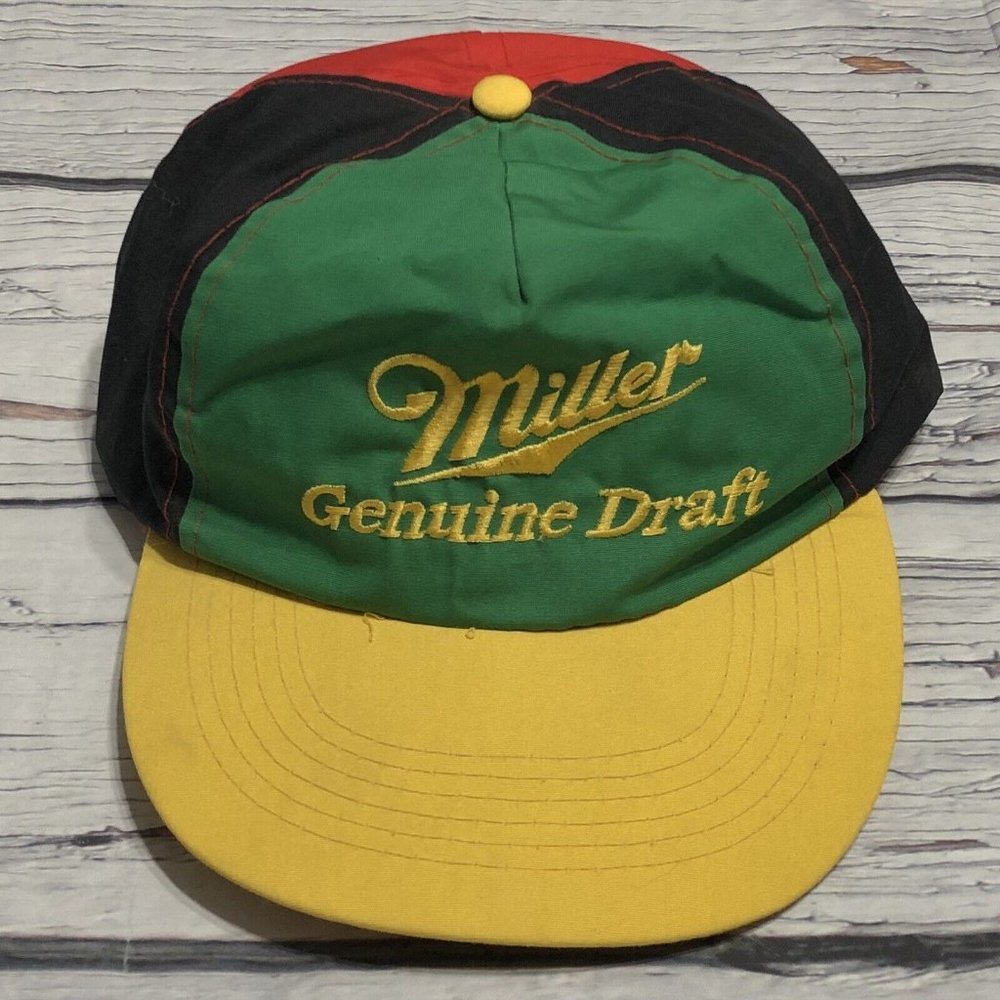 Vtg Miller Genuine Draft MGD Beer Hat Snapback Colorblock Taiwan Cross Colours